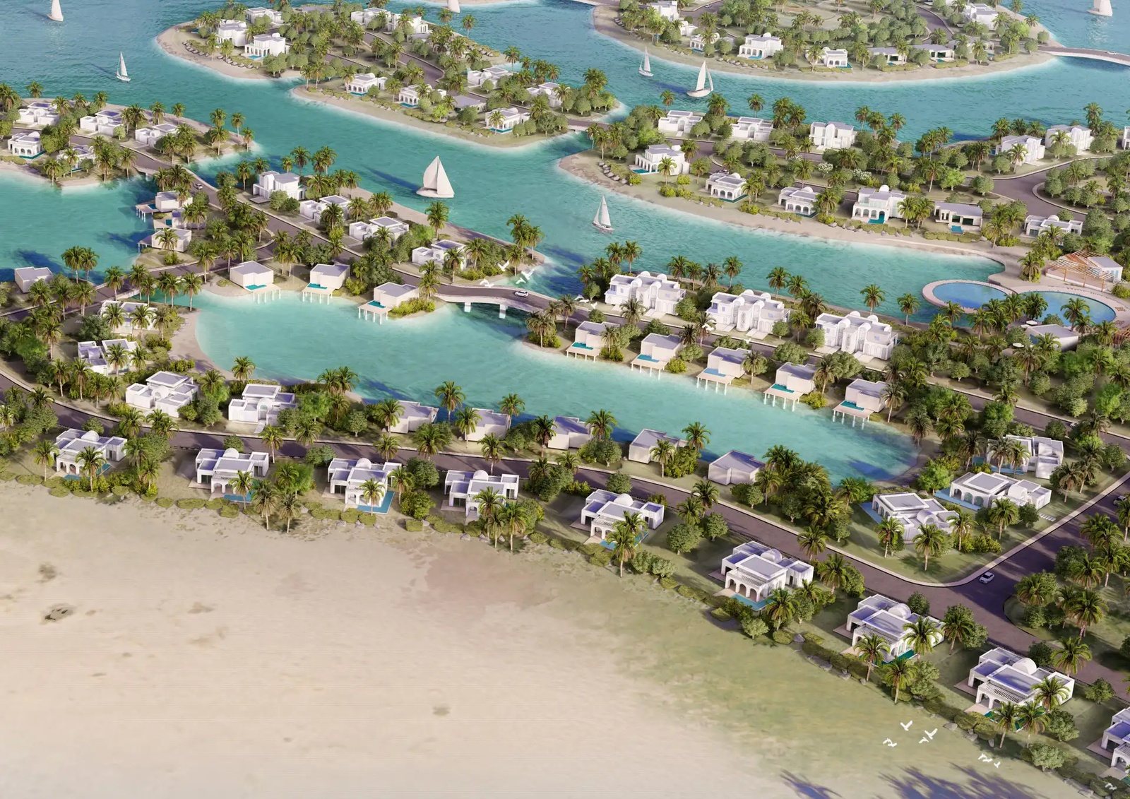 Aerial view of Amazi — villas along lagoons next to the beach
