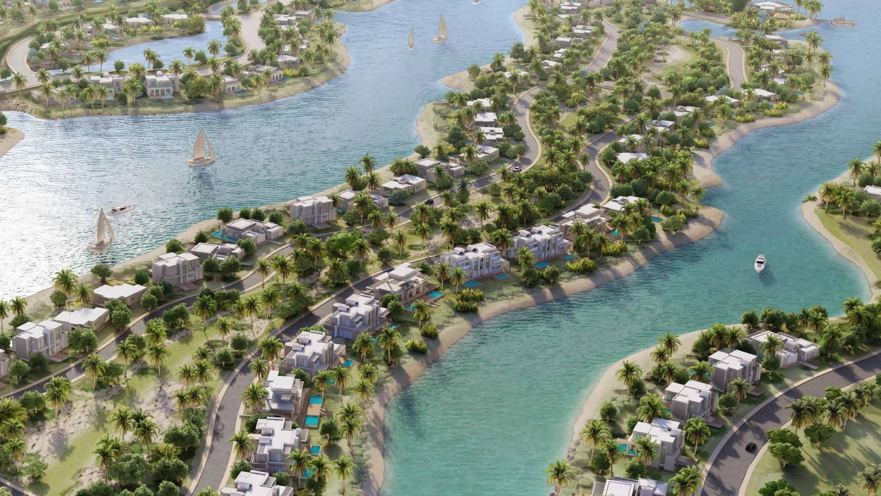 Amazi Cove district — homes along the green wadi and lagoon