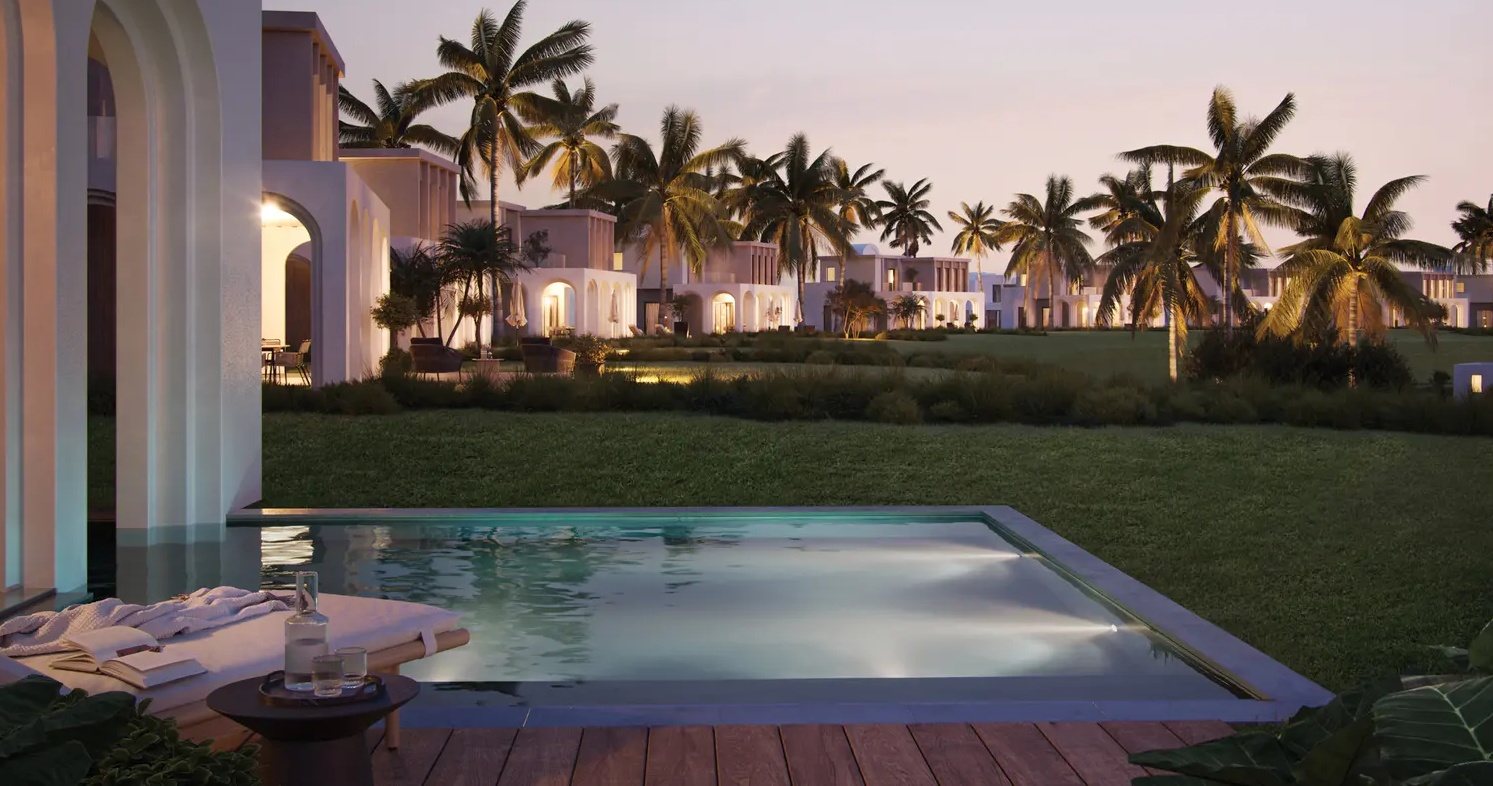 Amazi Hawana Salalah — private pool deck at dusk